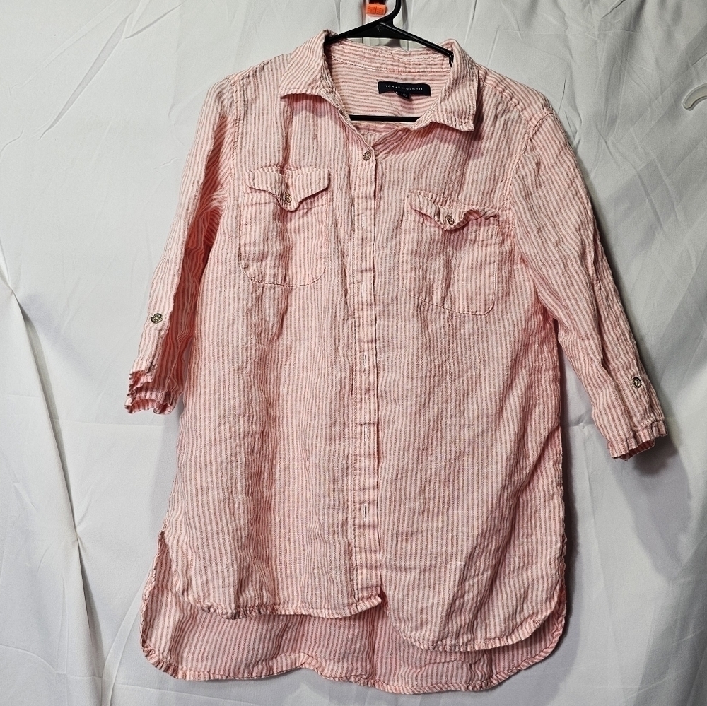 Tommy Hilfiger Linen short sleeve stripped button down large 3/4 sleeve